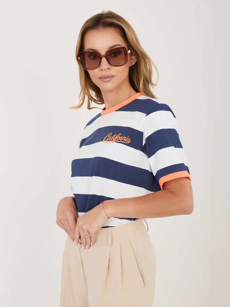 Fluo pomarańczowo-granatowy bawełniany t-shirt w paski