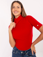 Red sweater with decorative buttons on the sleeves.