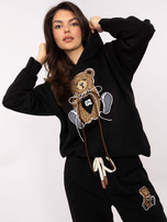 Hurt Czarny dresowy komplet damski z naszywką misia