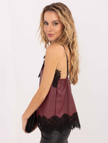 Bordowy top z ekoskóry z dekoltem V RUE PARIS