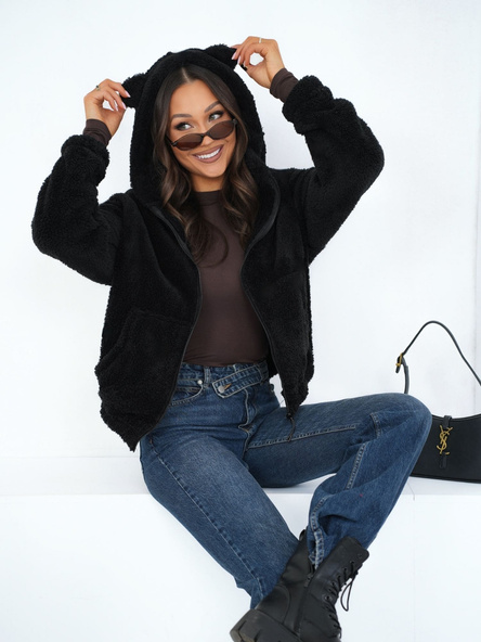 Czarna futrzana bluza uszami misia