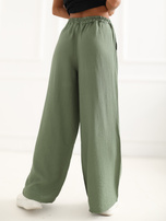 Khaki wide pants with a tie.