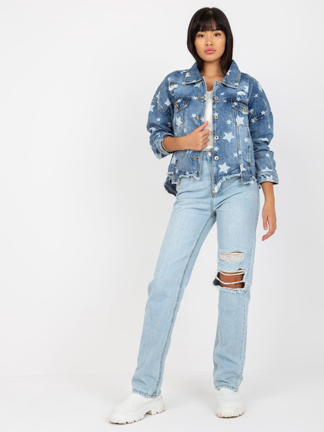 Hurt Niebieska damska kurtka jeansowa z printem i dziurami