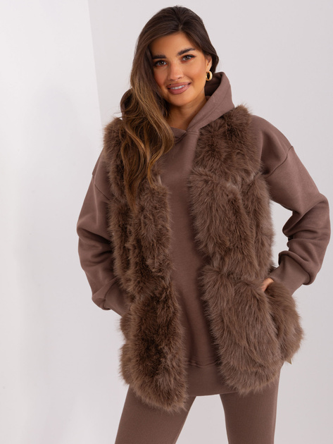 Hurtownia Brązowa futrzana kamizelka z kieszeniami