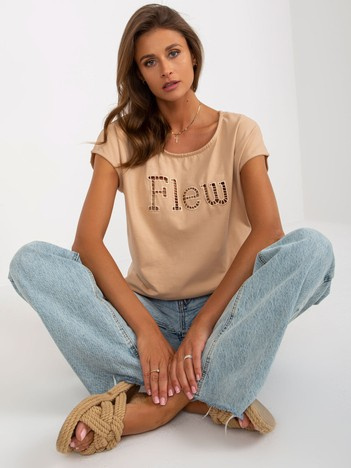 Hurt Camelowy t-shirt jednokolorowy z napisem