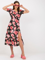 Czarna midi sukienka z kwiatowym printem i falbaną 