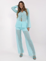Miętowy ażurowy komplet z długimi spodniami