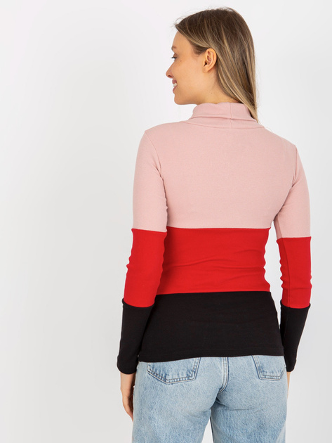 Hurt Jasnoróżowo-czarna bluzka basic z golfem w prążek