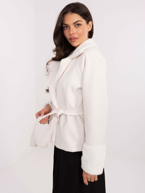 Ecru elegancki płaszcz z futerkiem RUE PARIS
