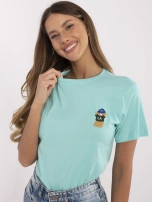 Miętowy damski t-shirt z haftem 