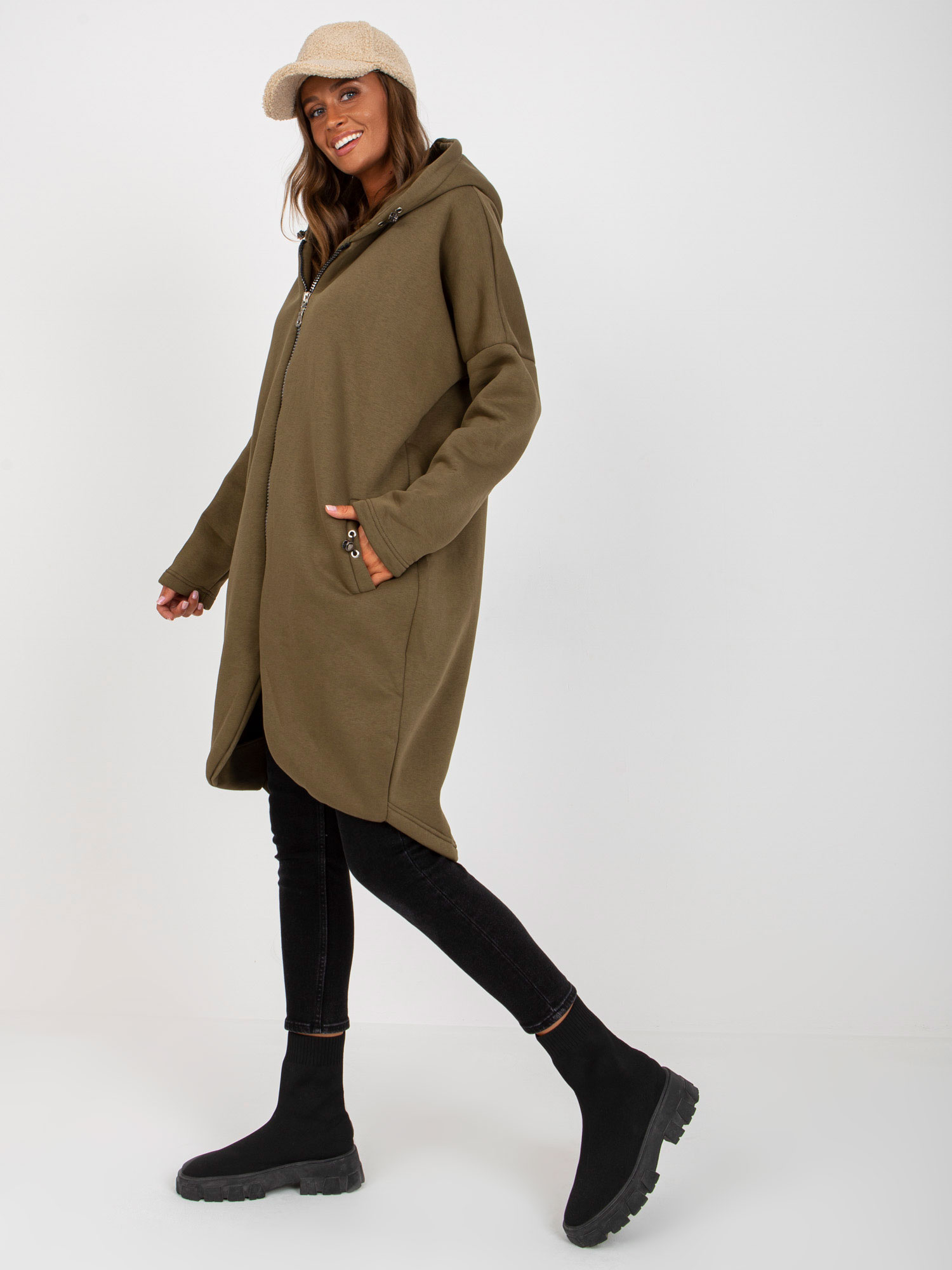 Khaki dresowa rozpinana bluza basic z kieszeniami Tina RUE PARIS