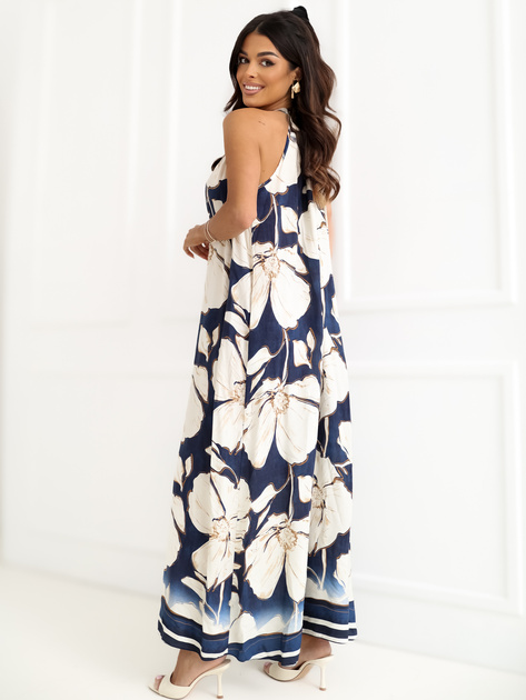 Granatowa trapezowa sukienka w kwiaty