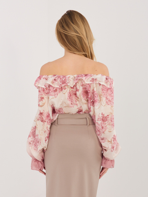 Różowa elegancka bluzka hiszpanka w kwiaty