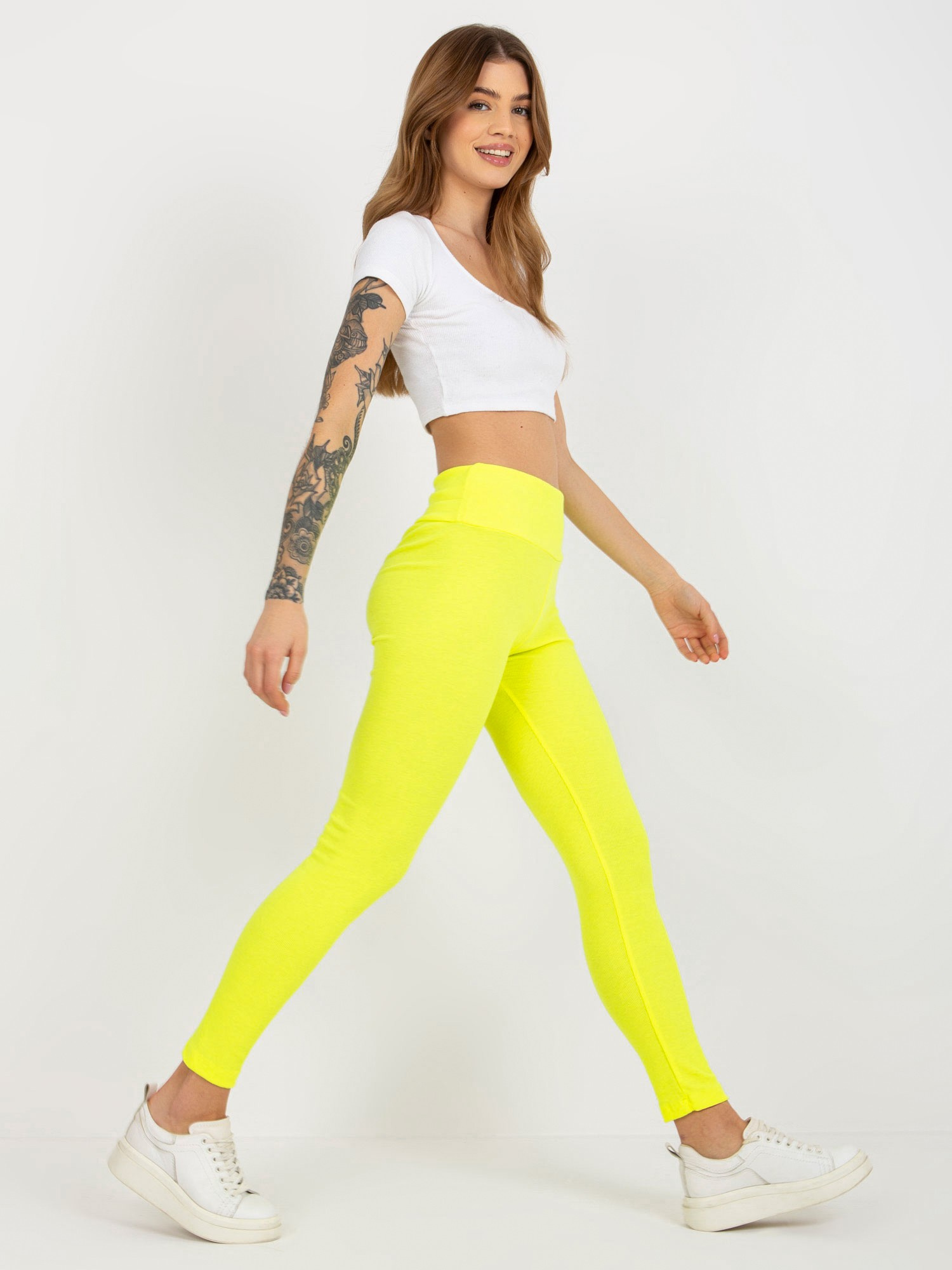 Fluo żółte bawełniane legginsy basic w prążek