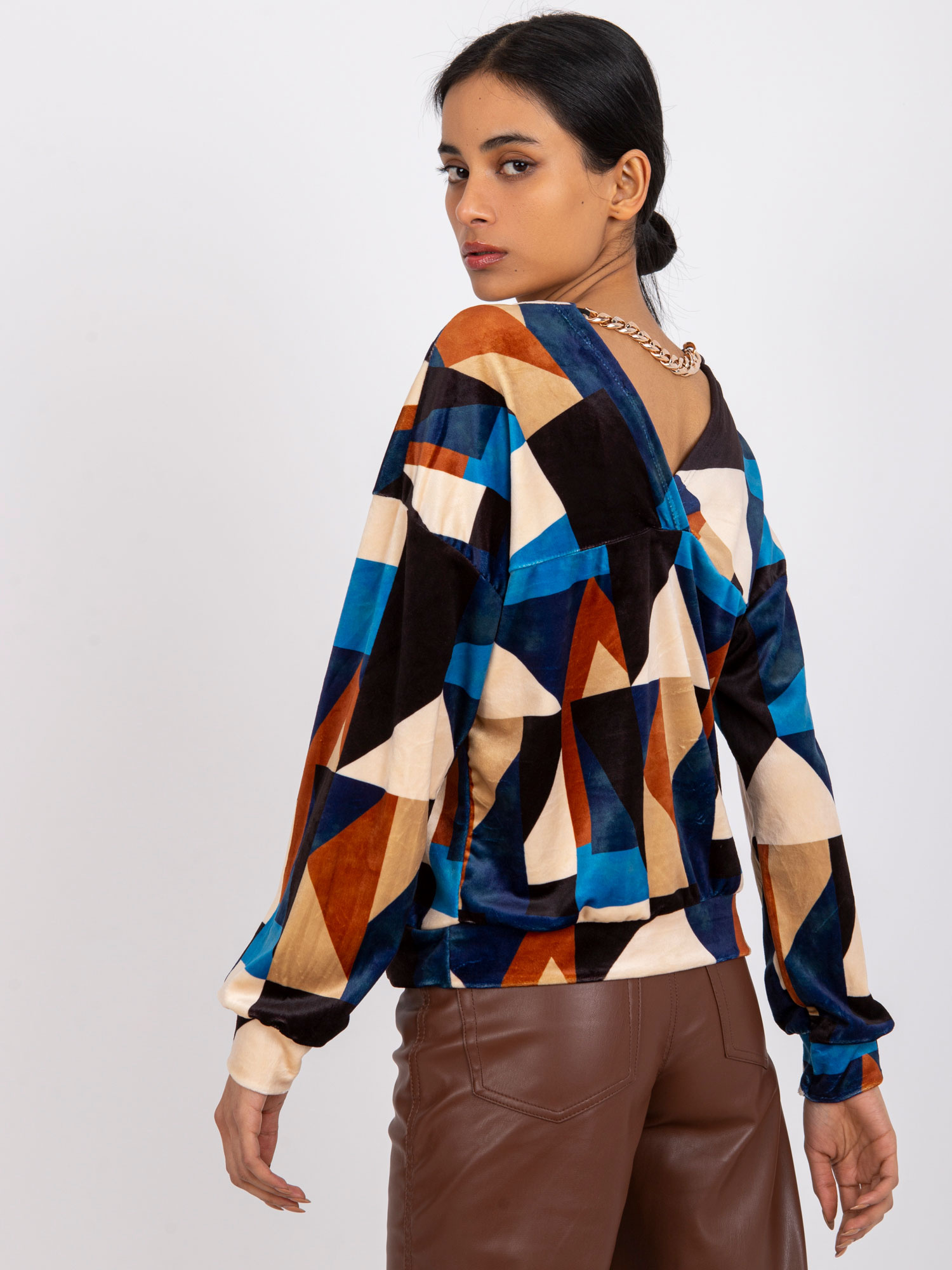 Liliana blue and brown patterned velor blouse