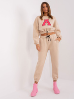 Hurt Beżowo-fluo różowy komplet dresowy z literą A