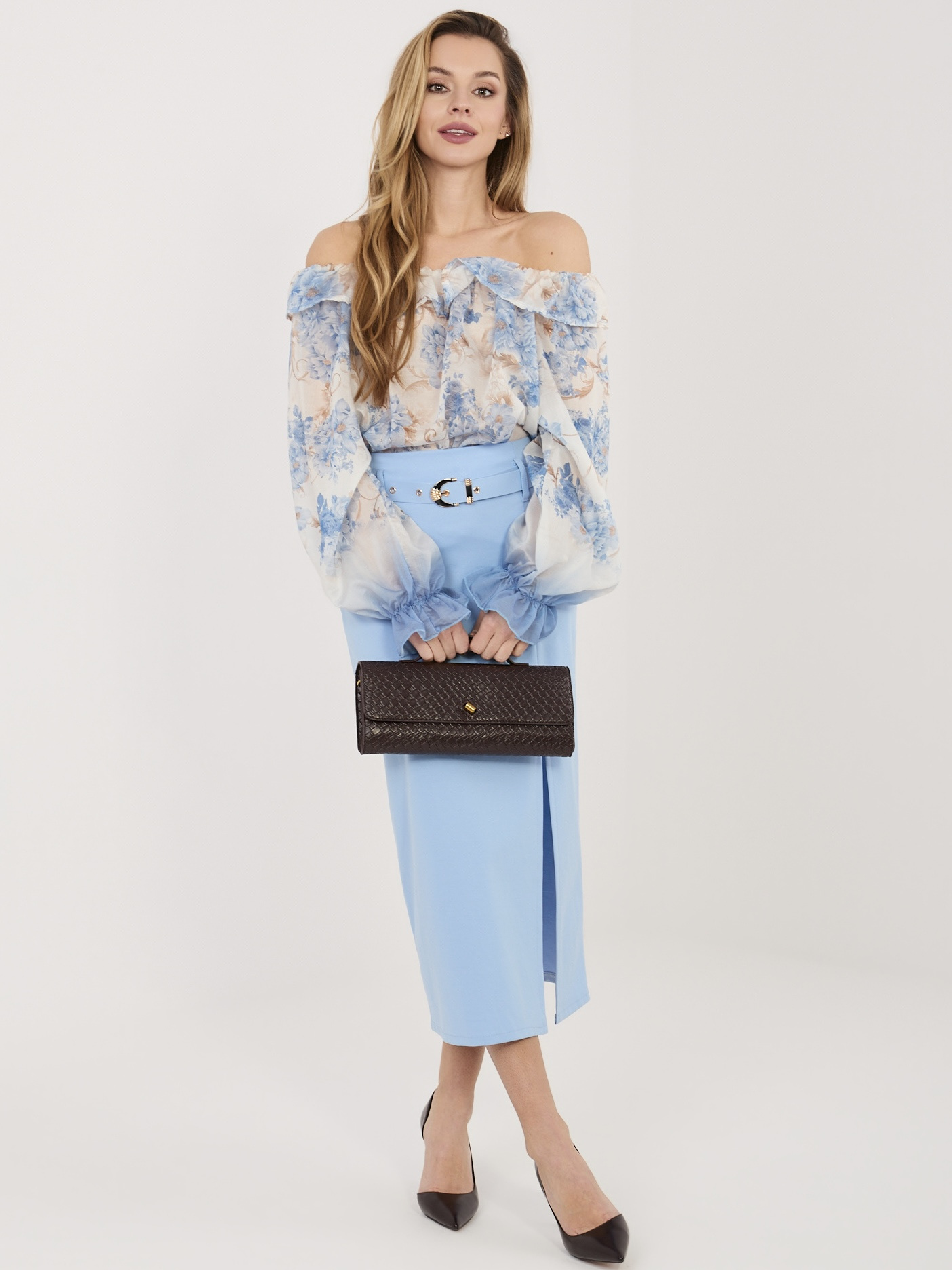 Jasnoniebieska ołówkowa spódnica z wysokim stanem RUE PARIS 