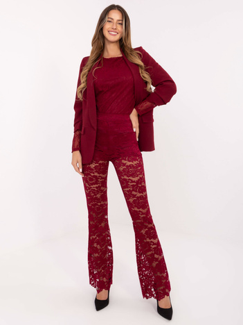 Bordowe koronkowe spodnie z wysokim stanem