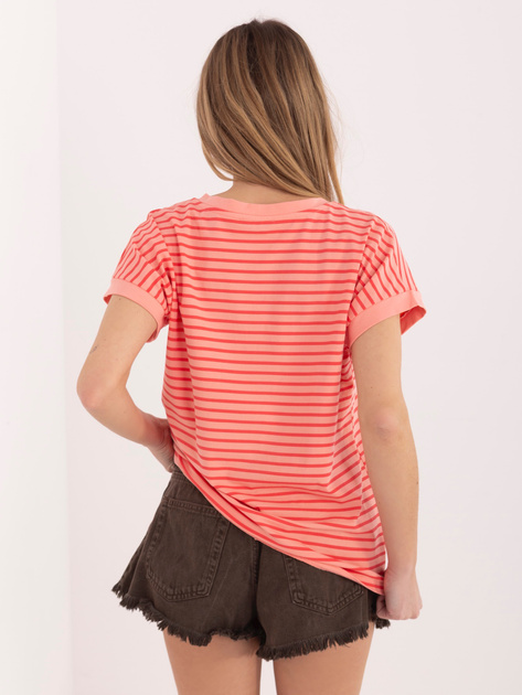 Brzoskwiniowo-czerwony bawełniany t-shirt w paski