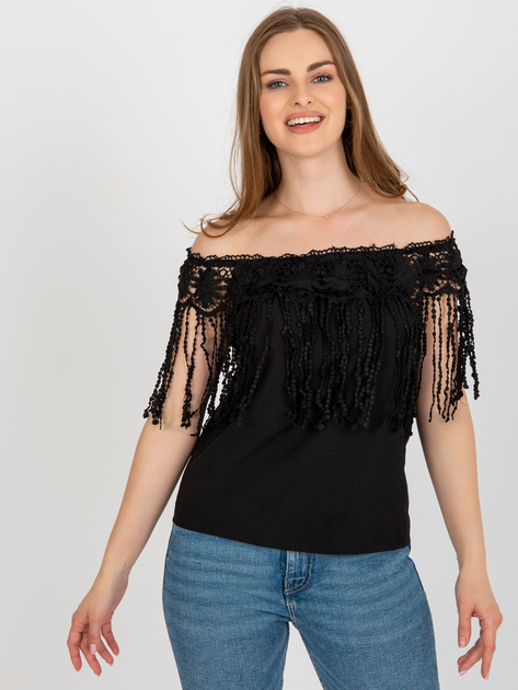 Hurt Czarna damska bluzka hiszpanka z frędzlami