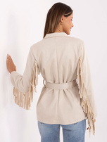 Jasnobeżowa zamszowa marynarka z paskiem RUE PARIS 