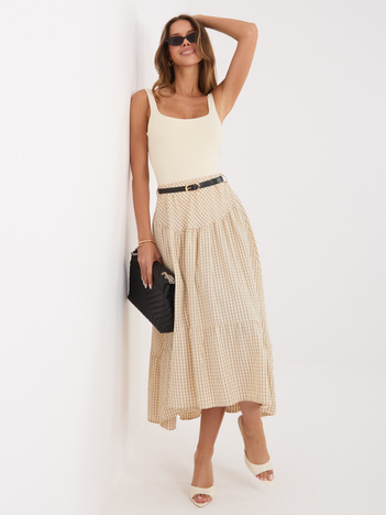 Beżowa rozkloszowana spódnica w kratkę
