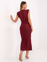 Burgundy elegant dress with a slit.