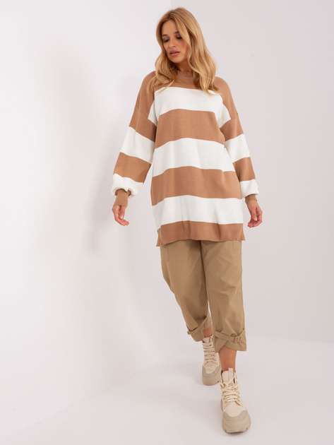 Hurtownia Brązowy-ecru sweter oversize z dzianiny