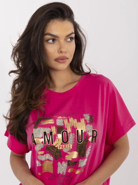 Fuksjowa damska bluzka z aplikacją z dżetów