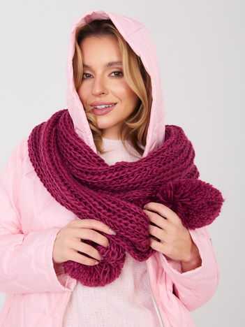 Burgundowy ciepły szal z pomponami