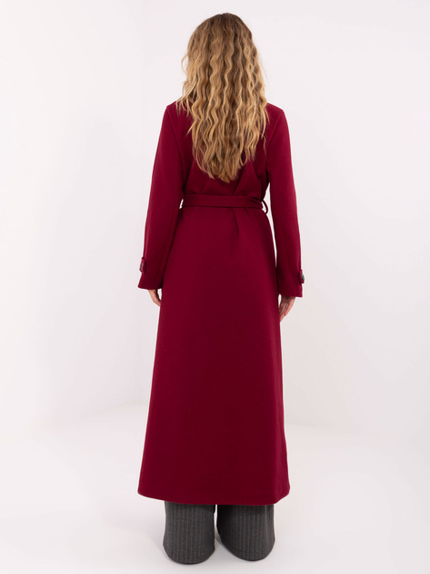 Bordowy długi płaszcz z paskami na rękawach