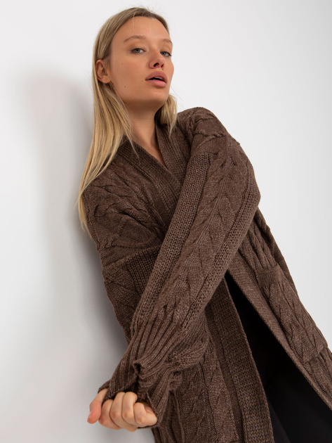 Hurtownia Brązowy maxi kardigan z kieszeniami RUE PARIS