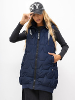 Dunkelblaue oversized Daunenweste mit Kapuze.