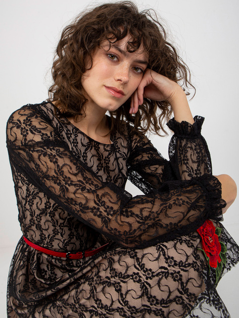 Hurt Czarna koronkowa sukienka koktajlowa z paskiem