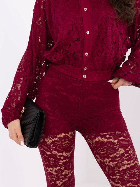 Burgundowe koronkowe legginsy z podszewką