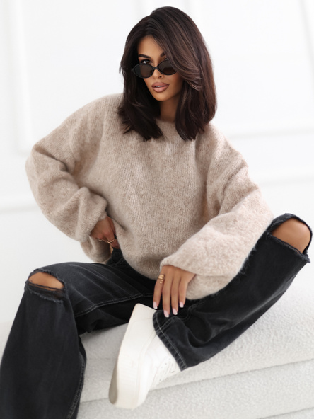 Beżowy damski sweter oversize z domieszką wełny
