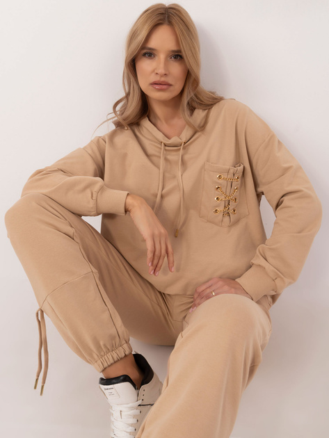 Hurt Camelowy dresowy komplet ze spodniami cargo