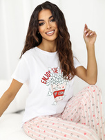 Ecru-jasnoróżowa bawełniana piżama z kapciami 