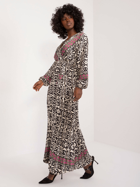 Hurt Czarno-beżowa wzorzysta sukienka z paskiem