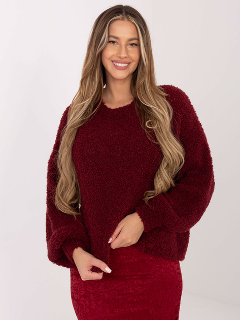 Bordowy damski sweter boucle o kroju oversize