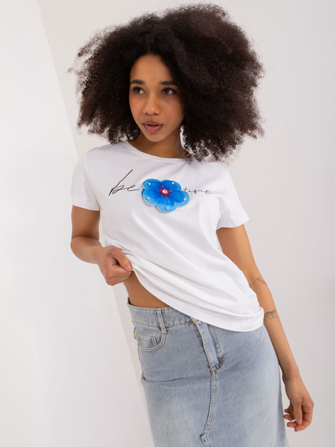 Hurt Biały damski t-shirt z kwiatem BASIC FEEL GOOD