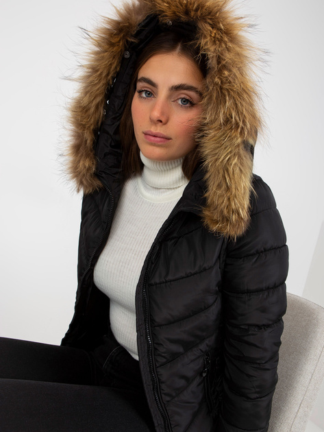 Hurt Czarna pikowana kurtka przejściowa z futerkiem na kapturze