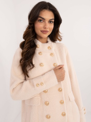 Hurt Cream Double-Breasted Alpaca Coat with Pockets