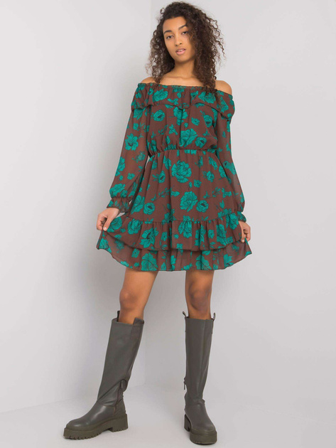 Brązowo-zielona sukienka hiszpanka z falbaną Briannon