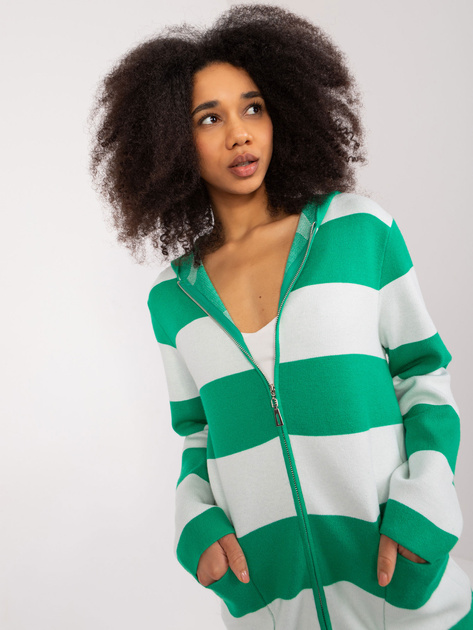 Hurt Zielono-biały rozpinany sweter z kieszeniami