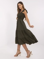 Khaki midi sukienka elastycznym marszczeniem