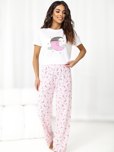 Ecru-różowa damska piżama z t-shirtem
