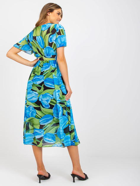 Niebiesko-czarna wzorzysta sukienka midi z paskiem