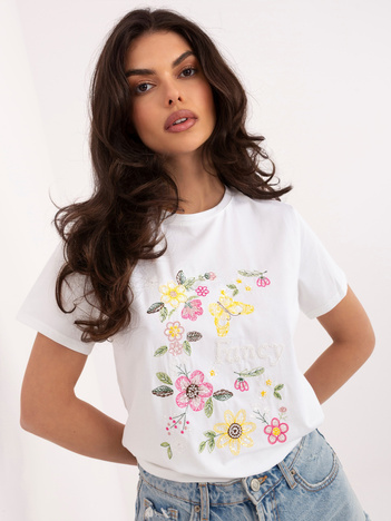 Ecru damski t-shirt z haftem w kwiaty