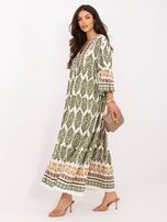 Khaki maxi sukienka z rozkloszowanymi rękawami